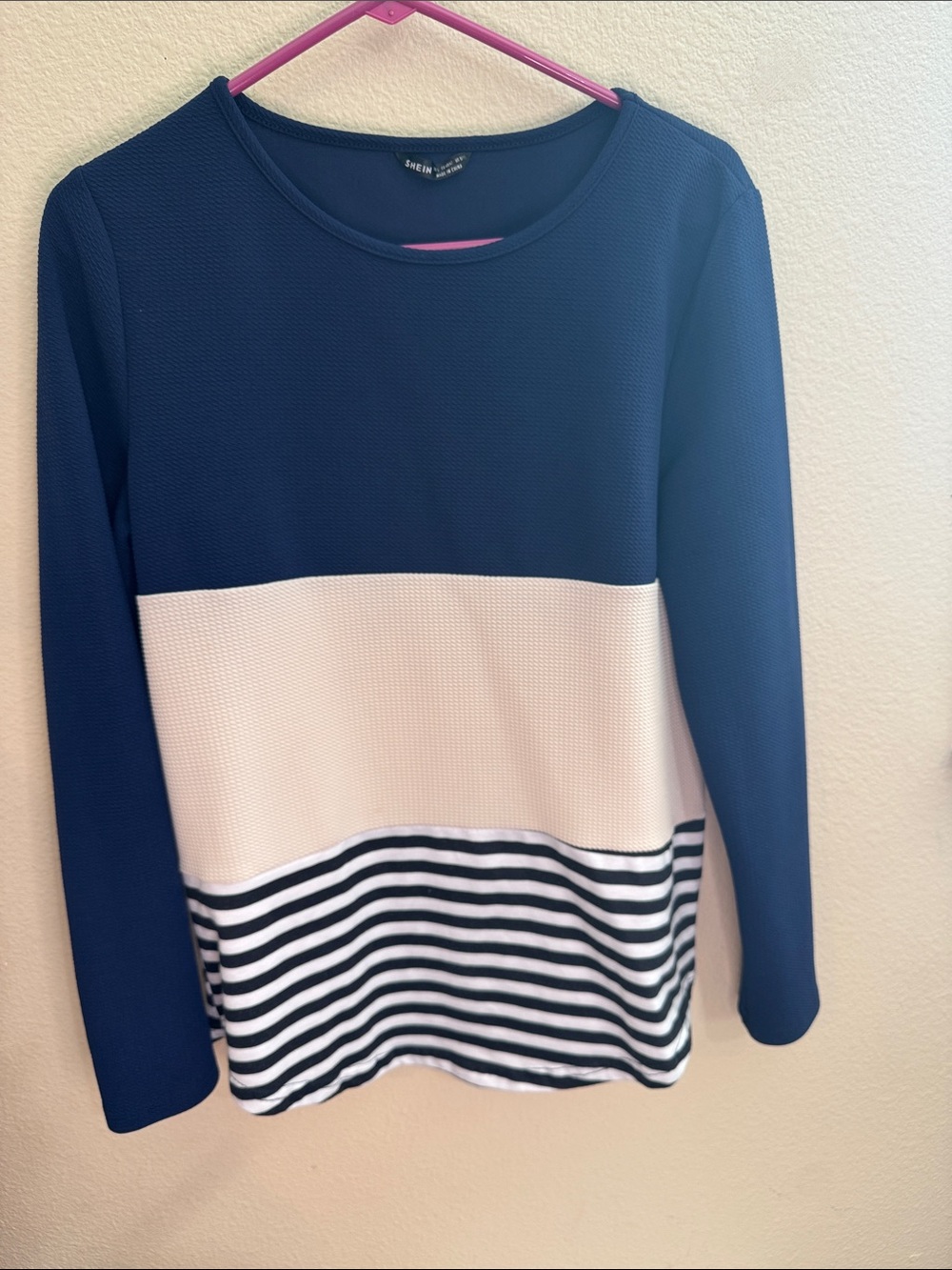 SHEIN Navy and Cream Colorblock Long-Sleeve Top with Stripes